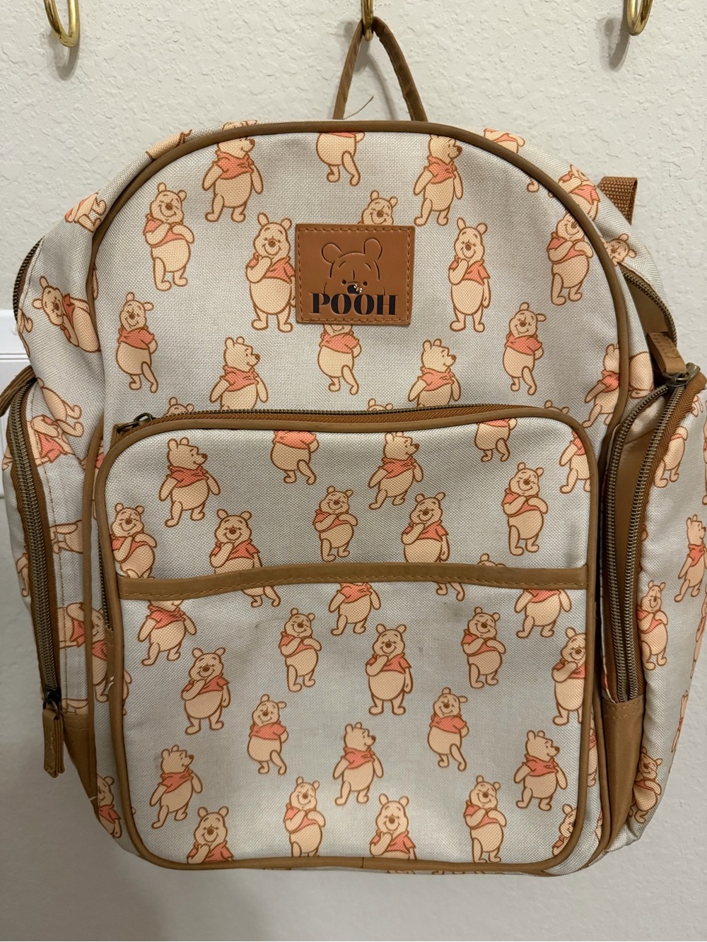 Disney Beige Winnie the Pooh Patterned Backpack with Tan Trim